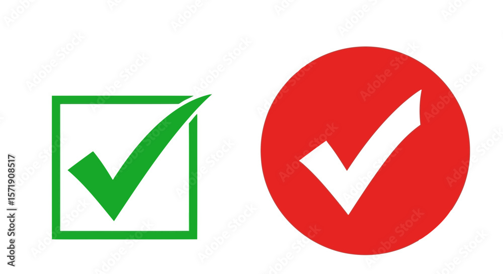 Poster green and red check marks in a box and circle isolated on white background represent validation and 