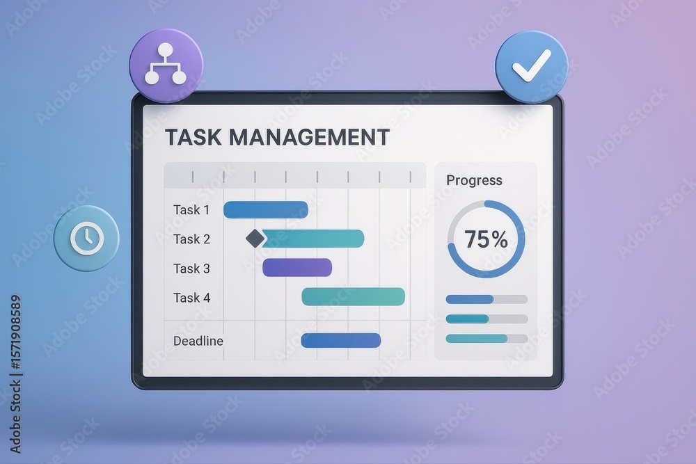 Poster task management interface showing progress and deadlines with icons