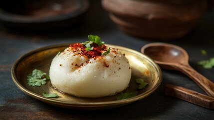 A steamed idli rice cake is garnished with spices and cilantro on a brass plate