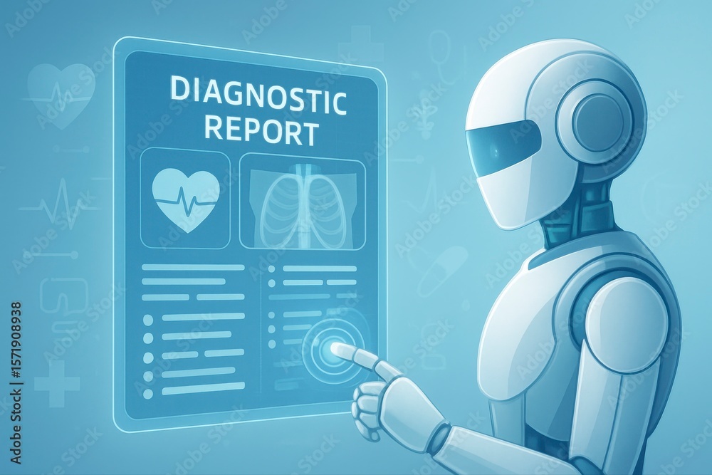 Poster robot interacting with a diagnostic report on a digital interface