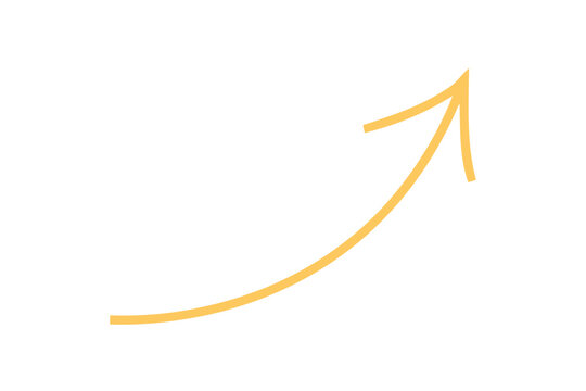 A curved yellow arrow pointing upwards, isolated on white background, signifies growth, increase, and positive progress