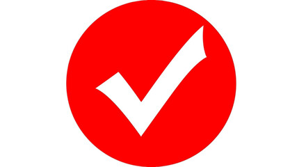 A bold white check mark is displayed inside a vibrant red circle, isolated on white background