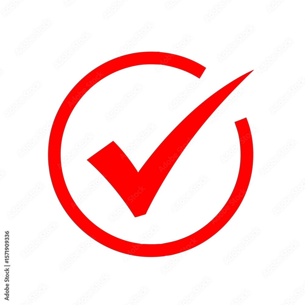 Poster a red check mark inside a red circle signifies approval and validation, isolated on white background