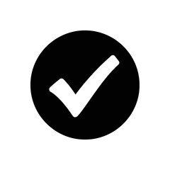 A white check mark inside a black circle, isolated on white background, signifying approval and completion