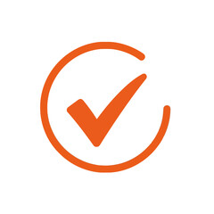 An orange check mark inside a circle isolated on white background signifies approval and validation