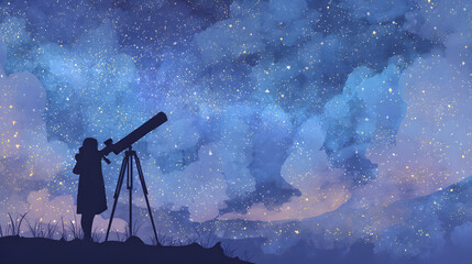 Silhouette of a girl observing the night sky through a telescope, a starry, painted night sky.