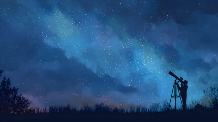 Silhouette of a person observing the starry night sky with a telescope, exploring the cosmos.