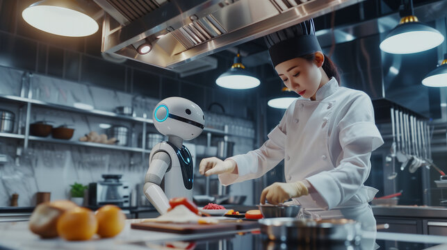A chef and a robot in a kitchen preparing food with ingredients on a cutting board and metal surfaces