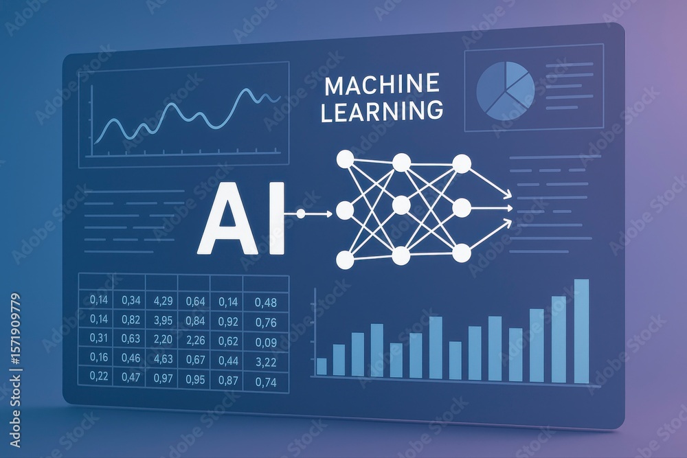 Poster a screen displaying ai, machine learning, and various data graphics