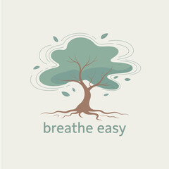 Obraz premium Stylized illustration of a tree with visible roots and leaves gently falling accompanied by the text breathe easy conveying a sense of calm and nature