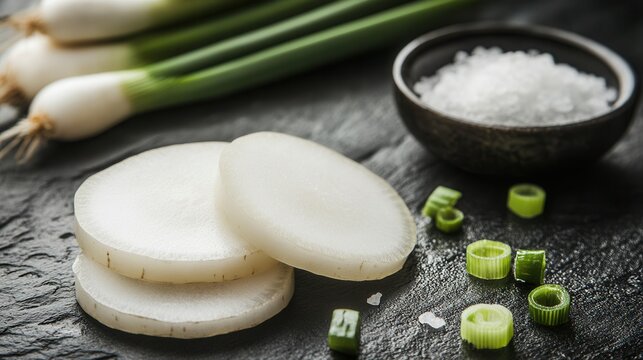 Sliced daikon radish is arranged with green onions and salt