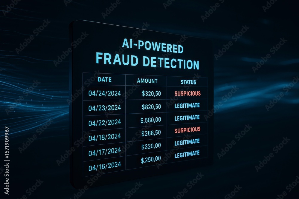 Poster ai powered fraud detection screen showing transaction data and status