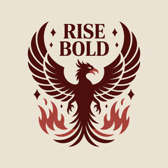 Stylized phoenix with outstretched wings and flames below featuring the text rise bold symbolizing rebirth and strength