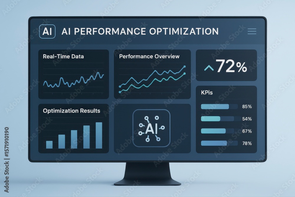 Poster Monitor showing ai performance optimization with charts and graphs