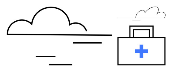 Minimalist first aid kit with cross sign beside abstract clouds. Ideal for healthcare, emergency services, wellness, safety, medical aid, health support, hospital care, simple flat metaphor