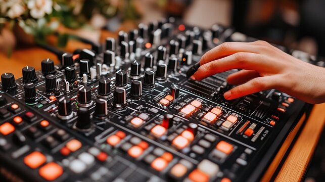 A hand adjusts controls on a professional audio mixer