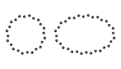 Round frame made of animal paw prints silhouette. Cute dog paw print trail border set. Perfect for pet-themed designs, invitations, and decorations. Vector illustration with charming style.