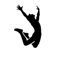 Jumping person icon, black filled, arms raised, bent legs, abstract silhouette, minimal clipart