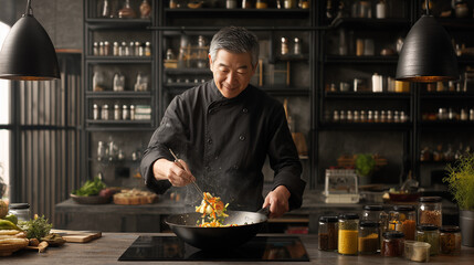 Man in black chef coat cooking stir fry with chopsticks in a wok in industrial kitchen setting