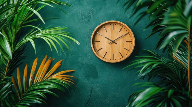 A wooden clock framed by vibrant tropical foliage against a teal wall