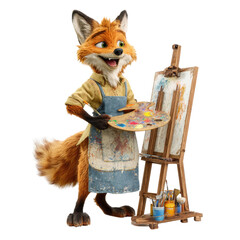 Anthropomorphic fox artist painting on canvas with palette and easel creative