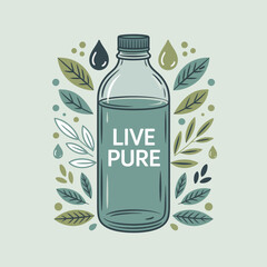 A stylized illustration of a glass bottle filled with clear liquid featuring the words live pure surrounded by decorative leaves and water droplets