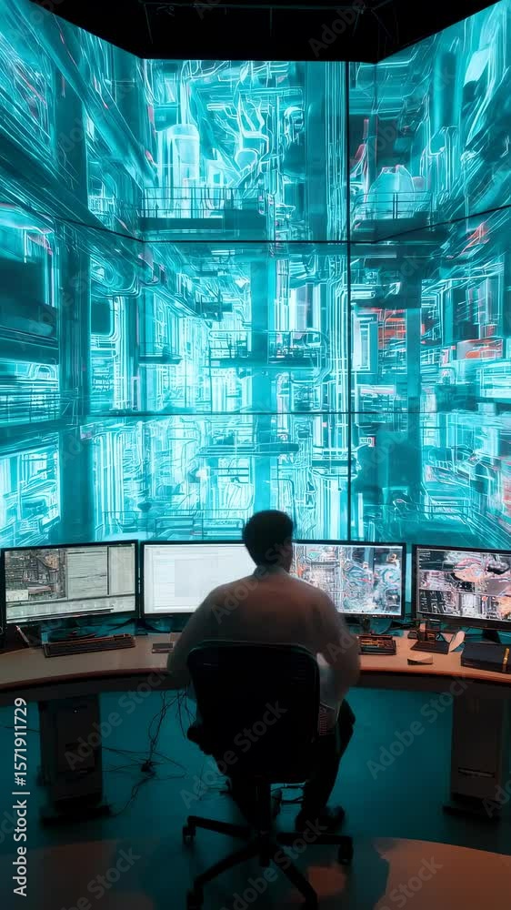 Poster a lone operator in a stateoftheart factory monitors stunning 3d projections of key performance data 