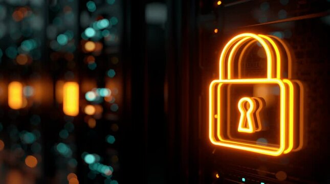 Glowing orange padlock icon on a dark background with bokeh lights and server rack elements visible