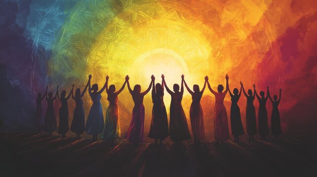 Create a powerful image that symbolizes women's equality, featuring diverse women from various backgrounds standing united, holding hands, with uplifting symbols of empowerment and justice