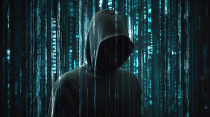 A hooded figure stands in front of a screen displaying cascading blue binary code