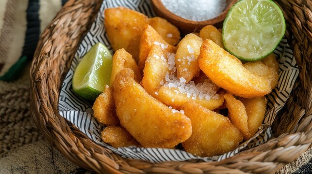 A basket of fried yuca wedges is served with lime and salt