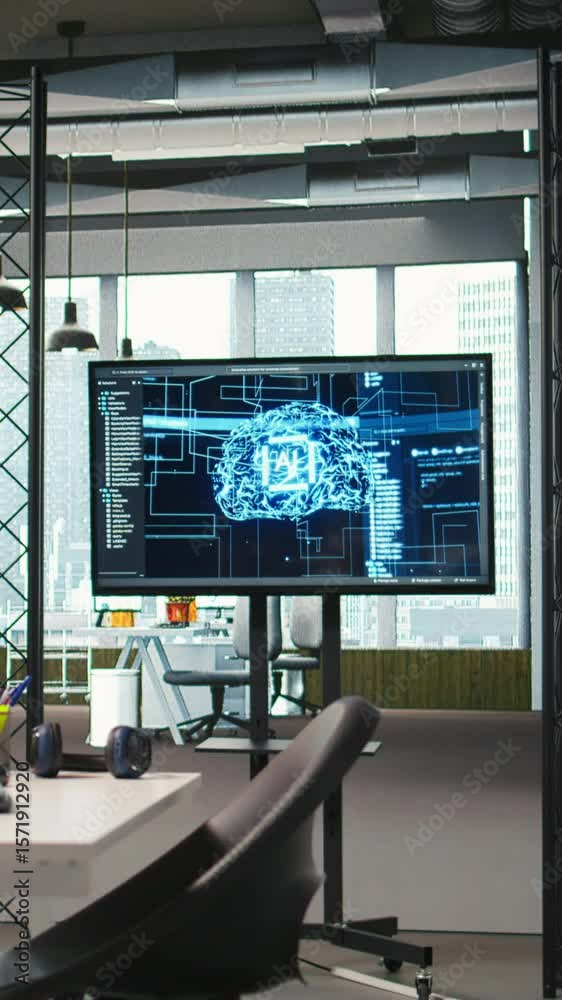 Fototapete vertical video pc in startup office used to design and implement algorithms enabling machine learnin