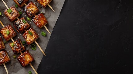Grilled tofu skewers with sesame seeds and green onions are arranged on a dark background