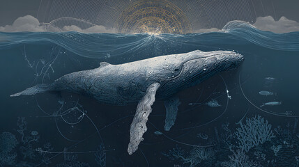 Oceanic Serenity: A majestic whale swims gracefully through the deep blue ocean.