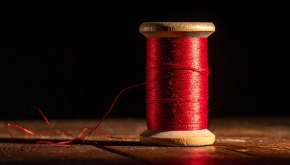 Red thread spool on wooden surface (1)