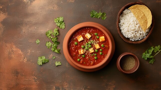 Overhead view of paneer masala served with rice and roti on a rustic table