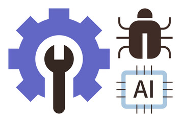 Gear with wrench, debugging bug, AI processor representing artificial intelligence maintenance, troubleshooting, and software development. Ideal for AI, tech repair, coding, debugging innovation