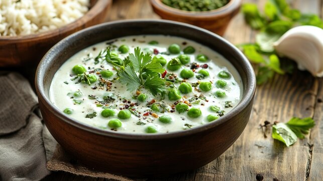 A bowl of creamy green pea soup with parsley and spices is presented on a wooden table - Powered by Adobe