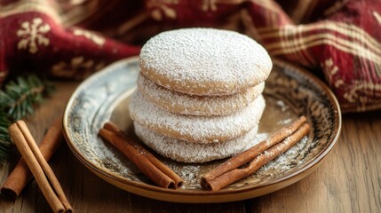 A stack of powdered sugar cookies sits on a plate with cinnamon sticks