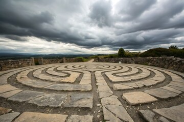 Ancient Stone Labyrinth on a Hilltop under Dramatic Storm Clouds, Serene Landscape View