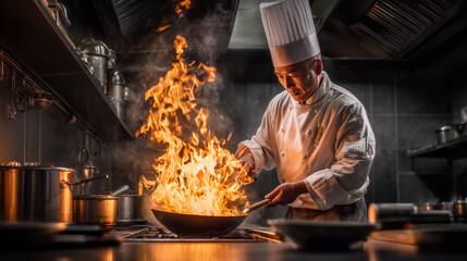 A chef cooking with flames in a commercial kitchen with pots and pans on a shelf behind him