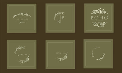 Set of elegant floral logo elements. Borders and dividers, frame corners and branch. Boho Hand drawn line wedding herb, leaves for invitation save the date card. Botanical rustic trendy greenery