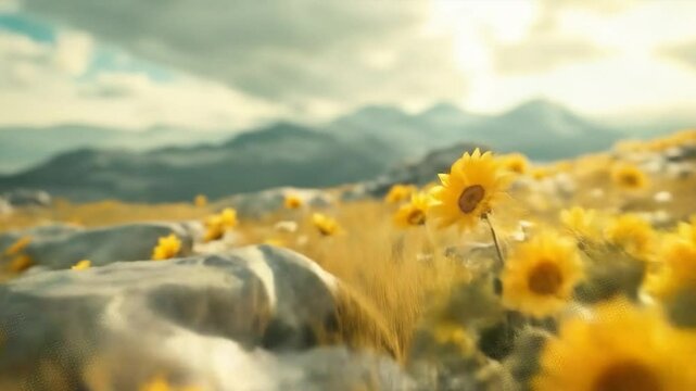Sunflower Field in the Mountains: A radiant field of sunflowers, kissed by the sun's golden embrace, flourishes amidst a serene mountain landscape, an ode to nature's artistry.