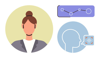 Female profile, audio wave detection, and chart with connecting nodes representing AI assistant, voice recognition, user interaction, data analysis, digital trends, technology integration