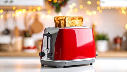 Red toaster with toasted bread slices on a kitchen counter, Christmas lights in the background