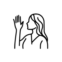 Waving person icon, black outline, standing pose, hand gesture, minimal thin line clipart