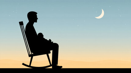Obraz premium Tranquil evening with parent and baby silhouette on rocking chair under crescent moon