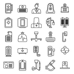 Comprehensive collection of medical, healthcare, and hospital outline icons for health, medicine, and wellness concepts.