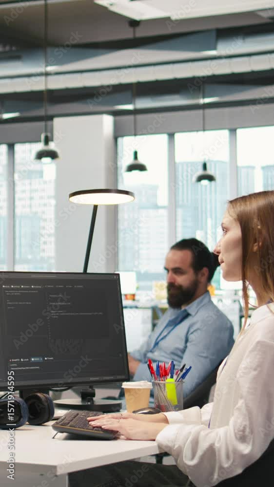 Aufkleber vertical video friendly coworkers helping junior dev code ai algorithms to debug software issues and