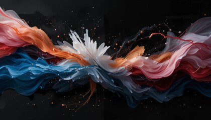 Abstract Flowing Shapes of Orange, White and Blue on Black Backdrop